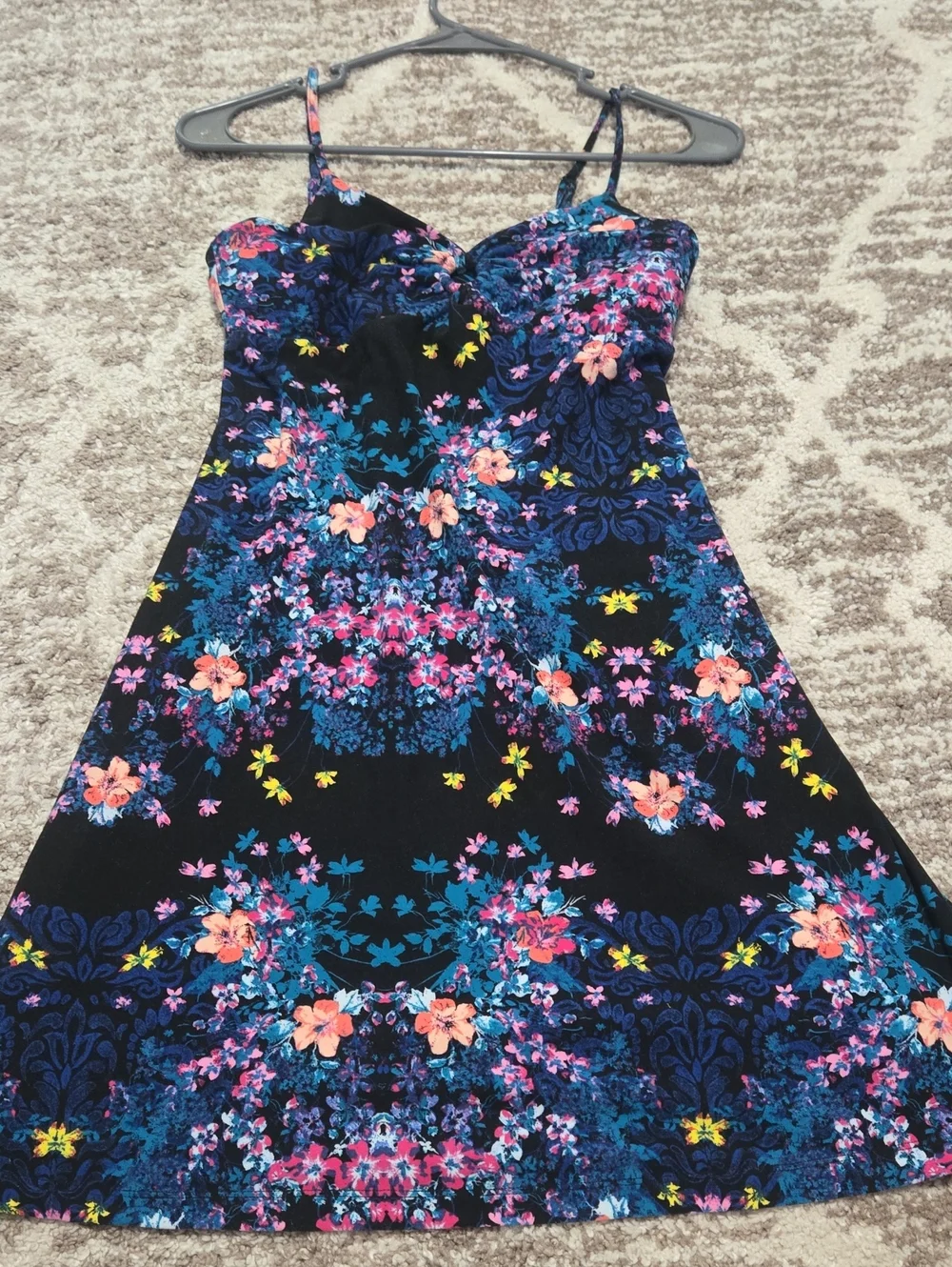 Mudd Black Floral Fit & Flare Dress with Blue and Pink Accents